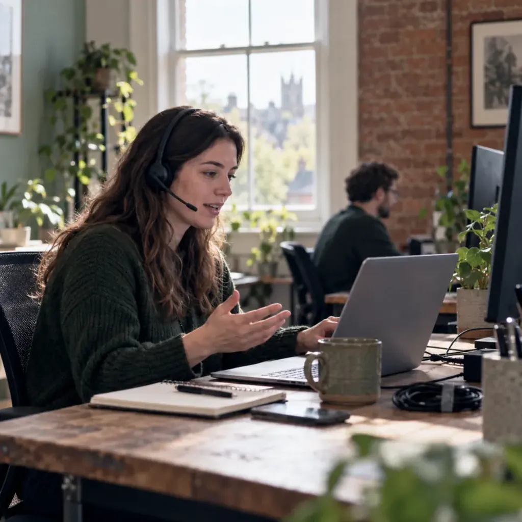 A helpdesk engineer on a headset call at her desk